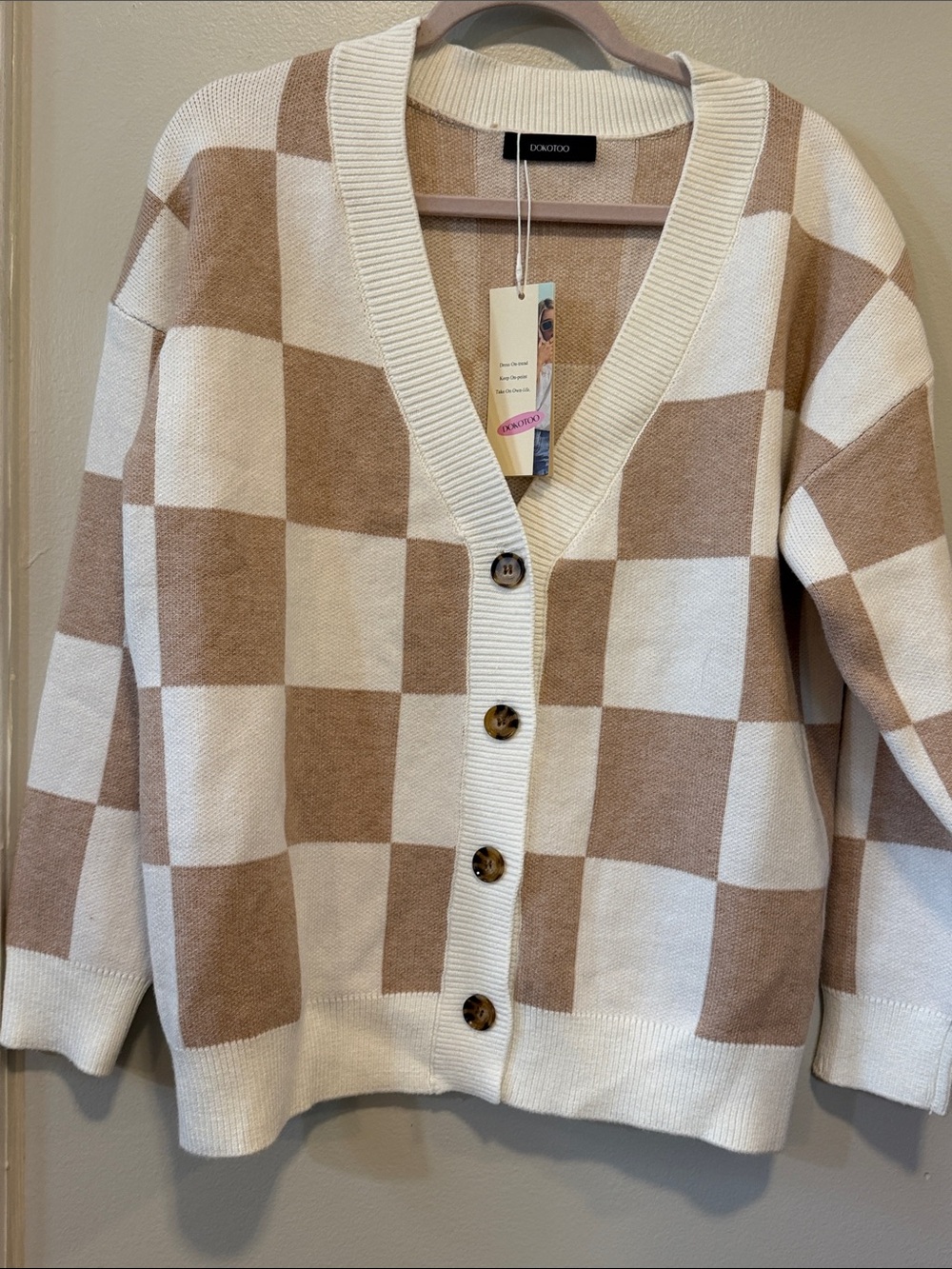 Cream & Tan Checker V-Neck Cardigan